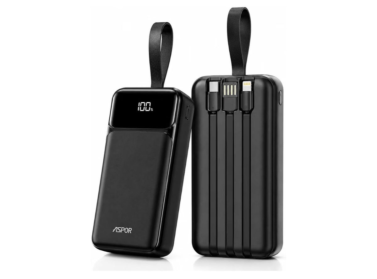ASPOR A317 30000Mah Fast Charging Power Bank with Built-in-Cables, LED Display, Large Capacity Battery Power Station. Compatible with All iPhones and Samsungs Black