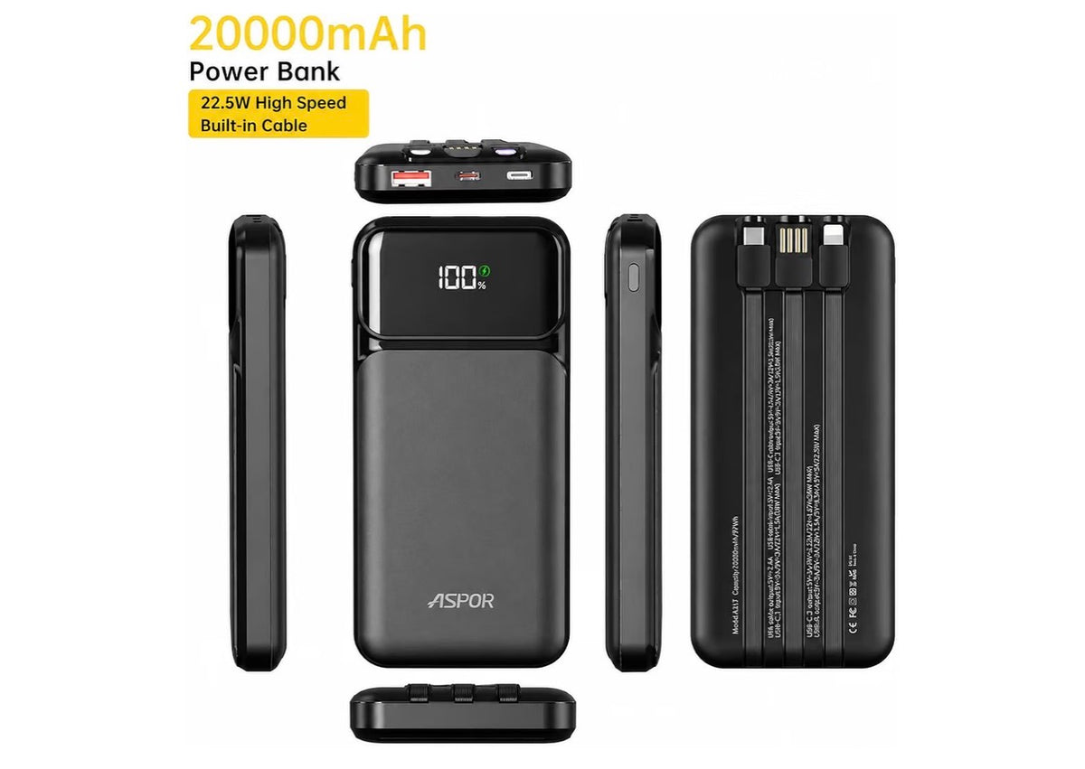 ASPOR A316 20000Mah 22.5w Fast Charging Power Bank with Built-in-Cables, LED Display, large Capacity Battery Power Station. Compatible with all iPhones and Samsungs, Black