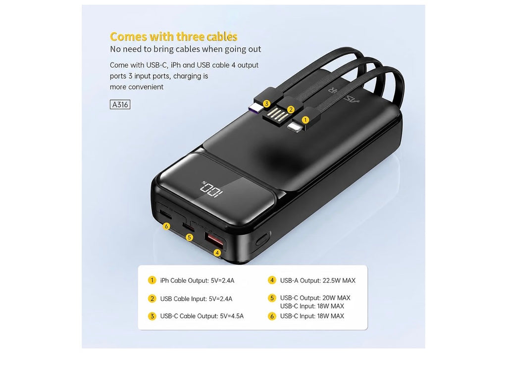 ASPOR A316 20000Mah 22.5w Fast Charging Power Bank with Built-in-Cables, LED Display, large Capacity Battery Power Station. Compatible with all iPhones and Samsungs, Black