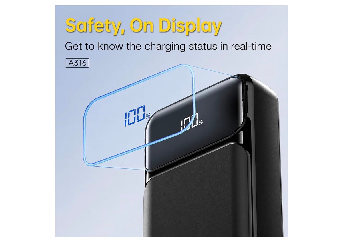 ASPOR A316 20000Mah 22.5w Fast Charging Power Bank with Built-in-Cables, LED Display, large Capacity Battery Power Station. Compatible with all iPhones and Samsungs, Black
