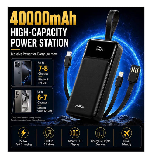 ASPOR A318 40000Mah Fast Charging Power Bank with Built-in-Cables, LED Display, Large Capacity Battery Power Station. Compatible with all Andriods and iPhone, Black
