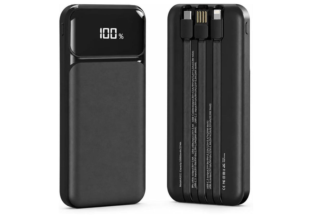 ASPOR A316 20000Mah 22.5w Fast Charging Power Bank with Built-in-Cables, LED Display, large Capacity Battery Power Station. Compatible with all iPhones and Samsungs, Black