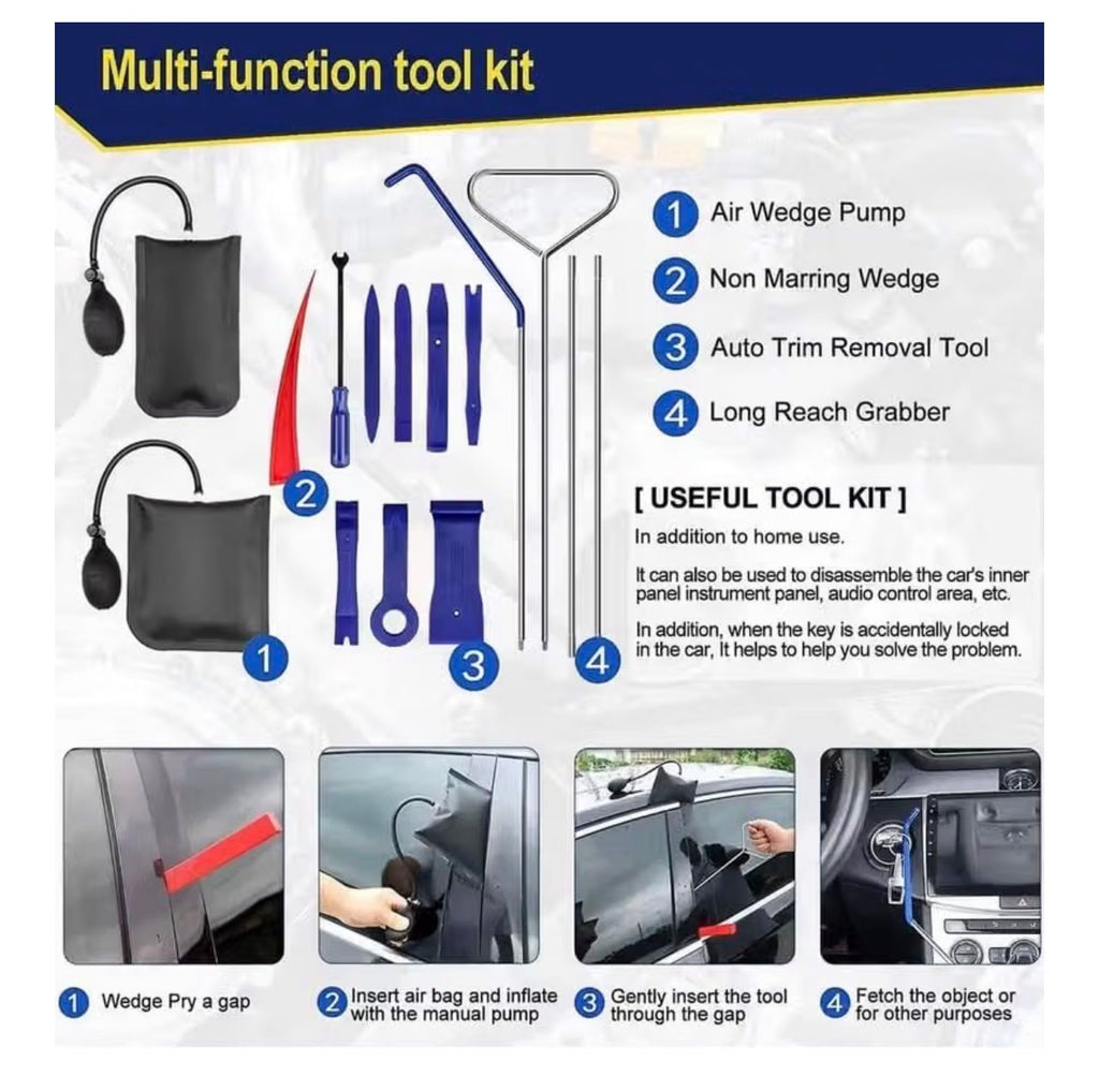 Professional Car Tool Kit, 15-Piece Set with Air Wedge Pump, Non-Marring Wedges, Trim Removal Tools and Long Reach Grabber, Black/Blue