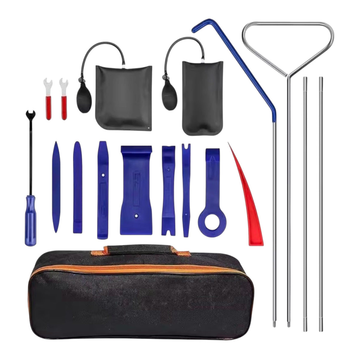 Professional Car Tool Kit, 15-Piece Set with Air Wedge Pump, Non-Marring Wedges, Trim Removal Tools and Long Reach Grabber, Black/Blue